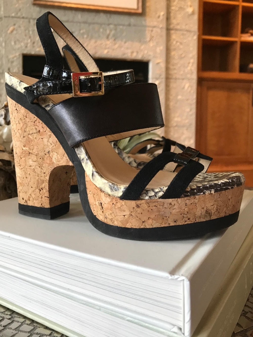 MODERN BOHO-CHIC JIMMY CHOO SNAKE PRINT LEATHER PLATFORM CORK HEEL